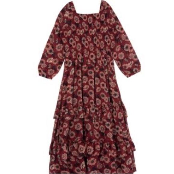 Rare Editions Big Girls Printed Lurex Chiffon Smocked Maxi Dress - Burgundy - Picture 13 of 16